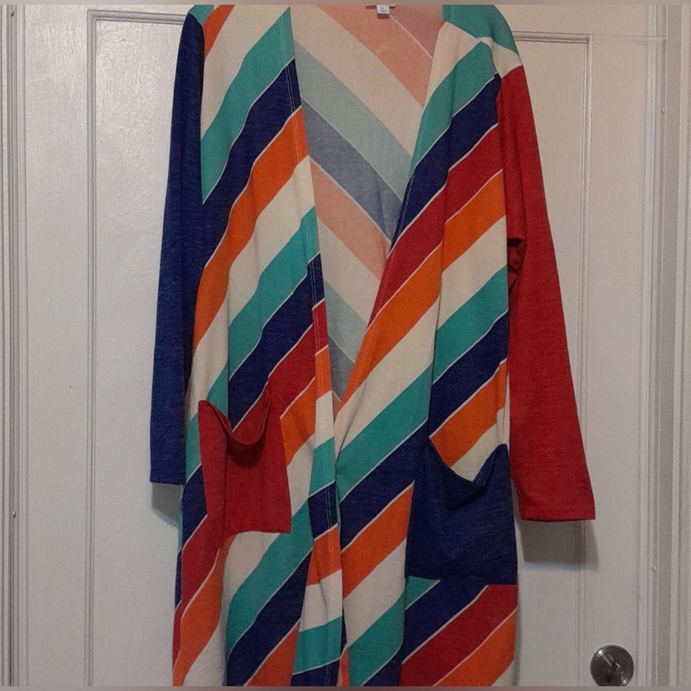 LuLaRoe Chevron Striped Open Cardigan in Teal, Orange, Navy & Red